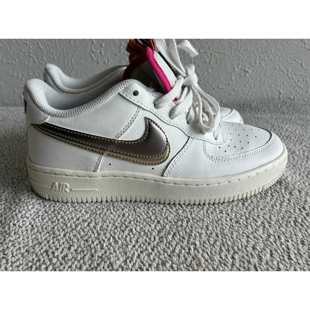 Nike Air Force 1 LV8 Double Swoosh White Gold Silver Sneakers Size 5.5Y - Picture 11 of 16